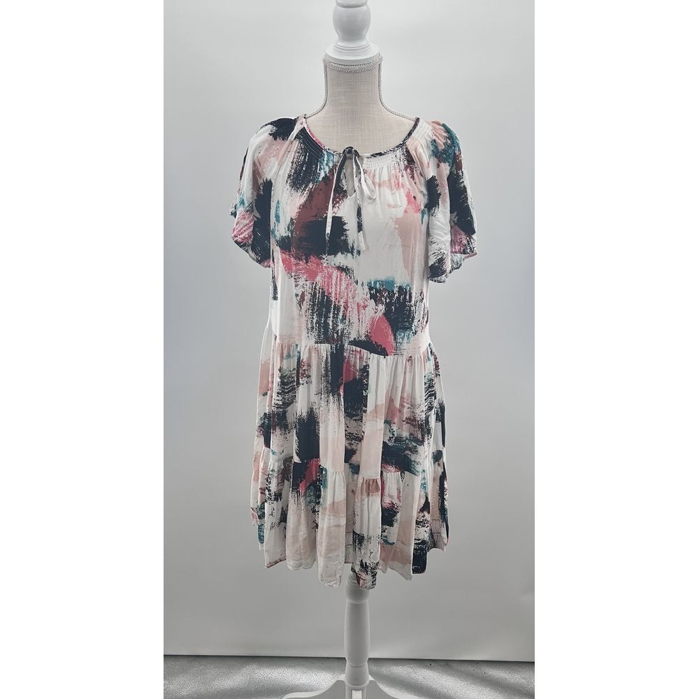 Nine West Women's Abstract Print Short‎ Puffed Sleeve Midi Tiered Dress Small